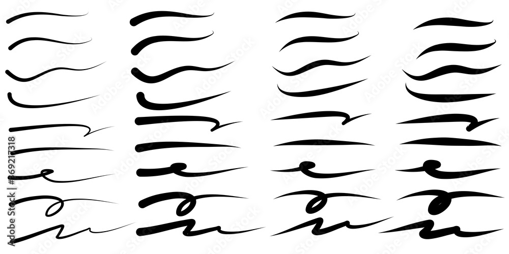 Fototapete set of hand drawn vector underline, highlighter marker strokes, swoops, waves brush marks abstract d