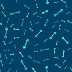 Naklejka premium Green line Barbell icon isolated seamless pattern on blue background. Muscle lifting icon, fitness barbell, gym, sports equipment, exercise bumbbell. Vector Illustration.