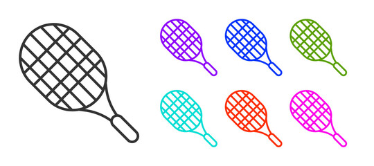 Black line Tennis racket icon isolated on white background. Sport equipment. Set icons colorful. Vector Illustration.