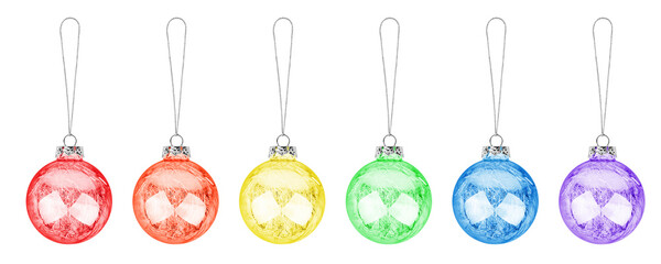 Christmas decoration hanging glass balls set LGBTQ community rainbow flag colors on white...