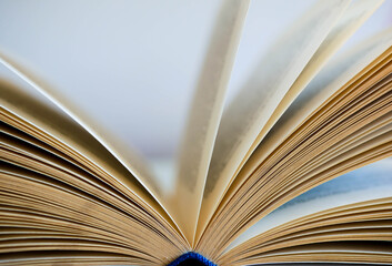 Opened yellow book pages close up shot on white background.