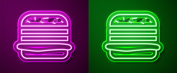 Glowing neon line Burger icon isolated on purple and green background. Hamburger icon. Cheeseburger sandwich sign. Fast food menu. Vector Illustration.