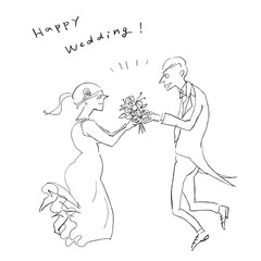 手を取り合ってジャンプするウエディングドレスと、タキシード姿の男女