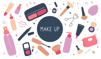 Cute make up and skin care icons. Products and accessoires for beauty. Simple womans signs set. Visage elements. Hand drawn flat vector graphic