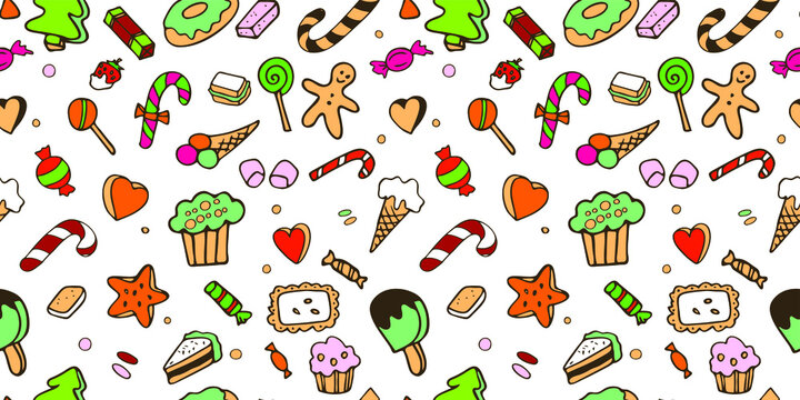 Seamless pattern. A large set of images of Doodle elements on the theme of sweet Christmas. The color is drawn by hand . on a transparent background.