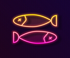 Glowing neon line Dried fish icon isolated on black background. Vector Illustration.