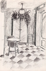 Hand drawn illustration with cute cafe interior in Minsk, Belarus. Old wardrobe with plants & coffee table with chairs. Sketch on paper for decoration, postcard. Black ink pen monochrome drawing.