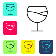 Black line Wine glass icon isolated on white background. Wineglass sign. Set icons in color square buttons. Vector Illustration.