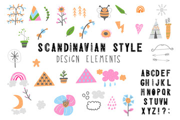 Set of Scandinavian style cute design elements with alphabet. 