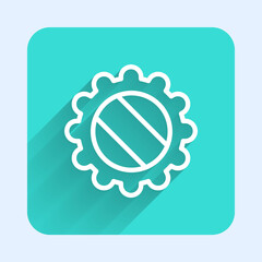 White line Bottle cap icon isolated with long shadow. Green square button. Vector Illustration.