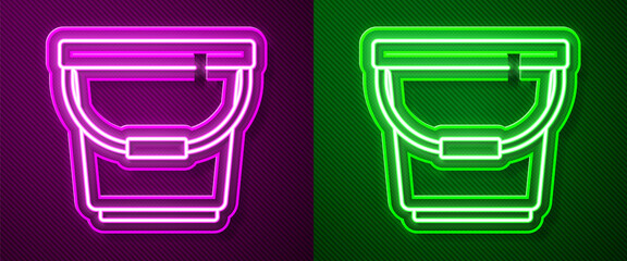 Glowing neon line Bucket icon isolated on purple and green background. Vector Illustration.