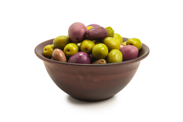 Olives in ceramic brown bowl isolated on white