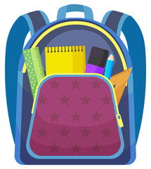 Colored school backpack. Education and study back to school, schoolbag luggage, rucksack vector illustration. Kids school bag with education equipment. Backpacks with study supplies. Student satchels