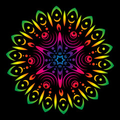 Multicolored rainbow mandala on black background. Round pattern, floral ornament. Beautiful symmetrical element. Antistress, relaxation