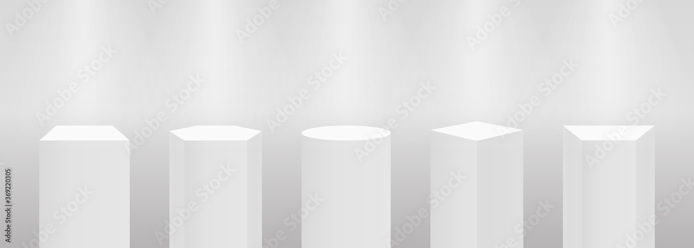 Poster 3d pedestal or podium mockup in pillar shapes. set of empty stage or pedestal mockups isolated on wh
