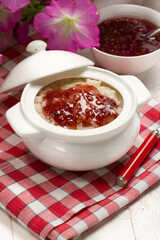 Rice pudding with homemade raspberry jam
