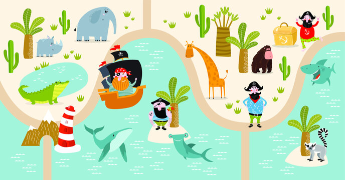 Vector tropical maze with animals and pirates. Cartoon tropical animals. African animals. Cartoon cute pirates. A game for children. Children's play mat.