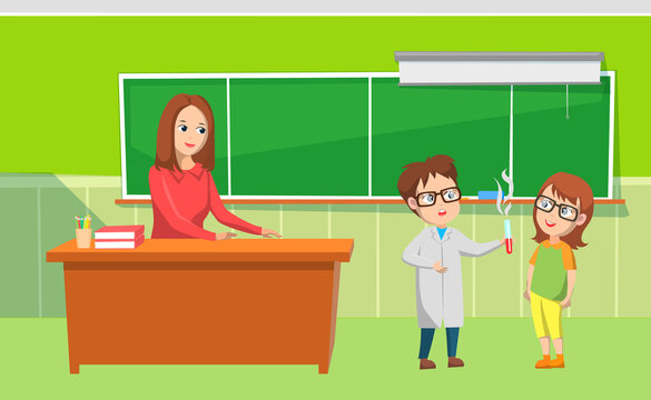 Girl and boy educating with flask, teach sitting at desktop, pupils researching. Elementary school, people in green classroom, chemistry lesson vector