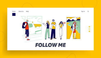 Follow Me Gesture Landing Page Template. Characters Outstretching Hand Smiling Woman Hold Hand First Person View