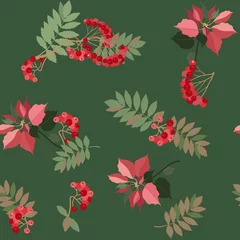 Zelfklevend Fotobehang Seamless vector illustration with poinsettia flowers and rowen © Nadezhda
