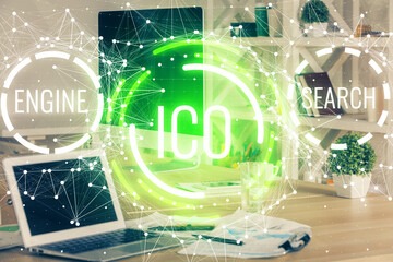 Multi exposure of blockchain theme hologram and table with computer background. Concept of bitcoin...
