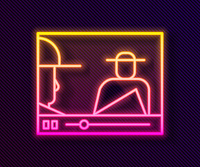 Glowing neon line Online play video icon isolated on black background. Film strip with play sign. Vector Illustration.