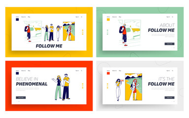 Obraz na płótnie Canvas Follow Me Gesture Landing Page Template Set. Characters Outstretching Hand Smiling Woman Hold Hand First Person View