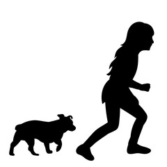  isolated, black silhouette of a child playing with a dog