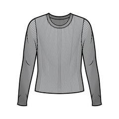 Ribbed crew neck knit sweater technical fashion illustration with long sleeves, oversized body. Flat outwear apparel template front grey color. Women men unisex shirt top CAD mockup