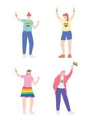 LGBTQ community, women with rainbow skirt colors flag heart cartoon, gay parade sexual discrimination protest