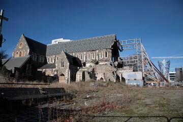 View of Christchurch Cathedral after the earthquake during Winter in Christchurch, New Zealand. 