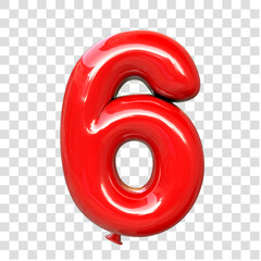 Number six red glossy style. 3d illustration. Transparent background	
