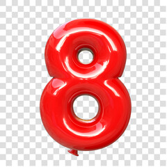 Number eight red glossy style. 3d illustration. Transparent background	
