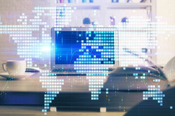 Multi exposure of business theme icons and table with computer background. Concept of success.