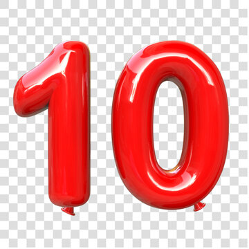 Red number 10 made of inflatable balloon. 3d illustration