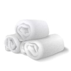 Obraz na płótnie Canvas three white rolled folded fluffy terry towels isolated on white background. 3d realistic vector illustration