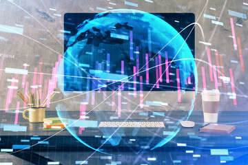 Multi exposure of forex graph and work space with computer. Concept of international online trading.