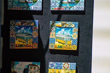 Closeup of decorative objects from a souvenirs shop located in the downtown area of Lisbon, the coastal capital city of Portugal and one of the oldest cities in Europe