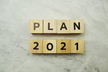 Plan 2021 alphabet letter on marble background