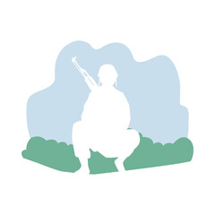 soldier military with rifle white silhouette in grass