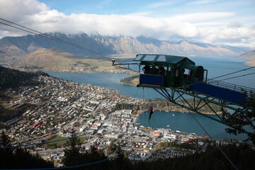 Aerial view of Queenstown and Lake Wakatipu with Bungee Jumping and the Remarkables mountain range in Queenstown  New Zealand