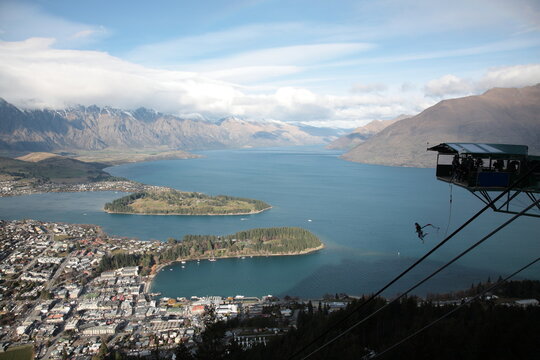 Aerial view of Queenstown and Lake Wakatipu with Bungee Jumping and the Remarkables mountain range in Queenstown  New Zealand