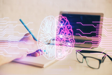Man with multi exposure brain theme icons.