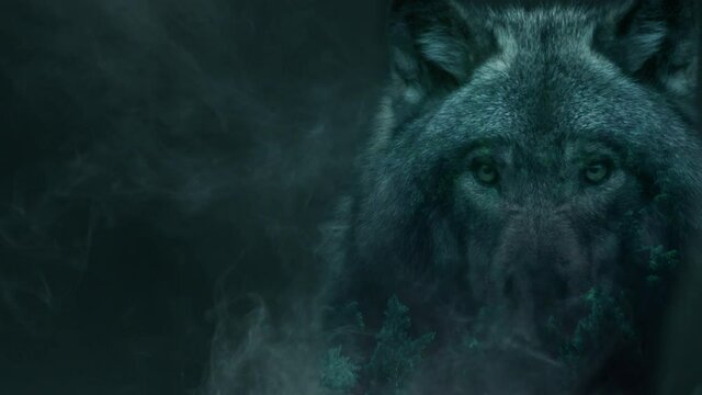 Wolf and forest, double exposure composite. Concept of wildlife, nature, woods, conservation, protection
