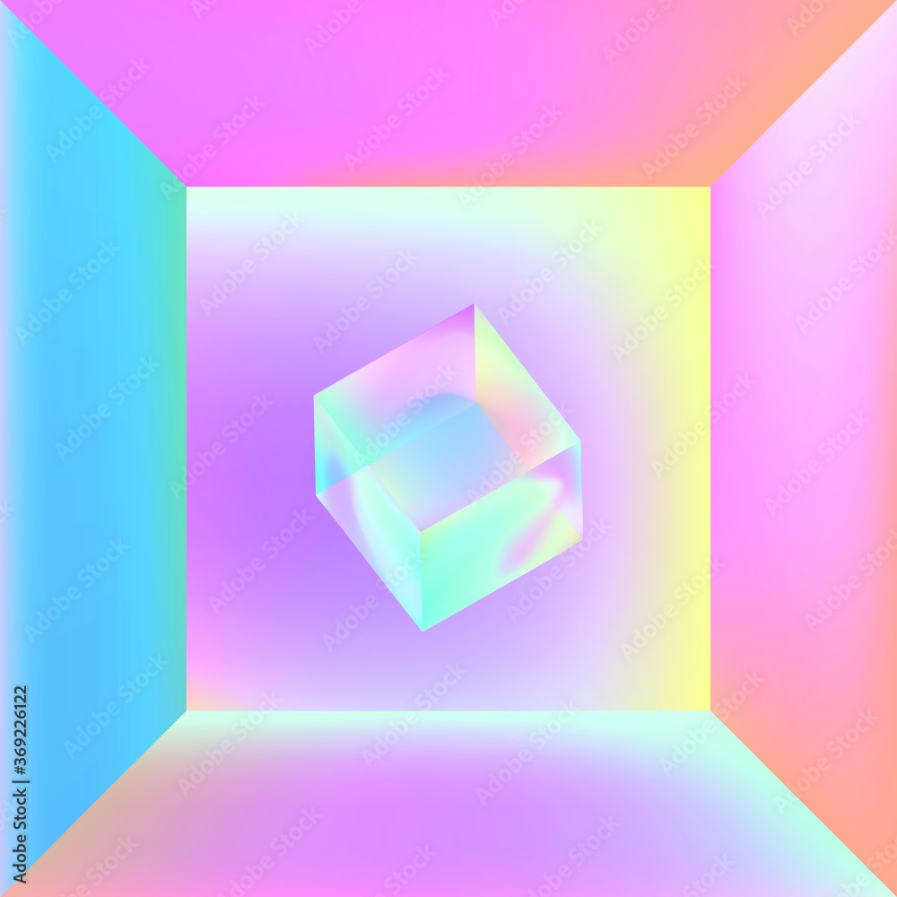 Poster Empty room with floating translucent cube at the centre. Surreal illustration in vibrant holographic color tones.