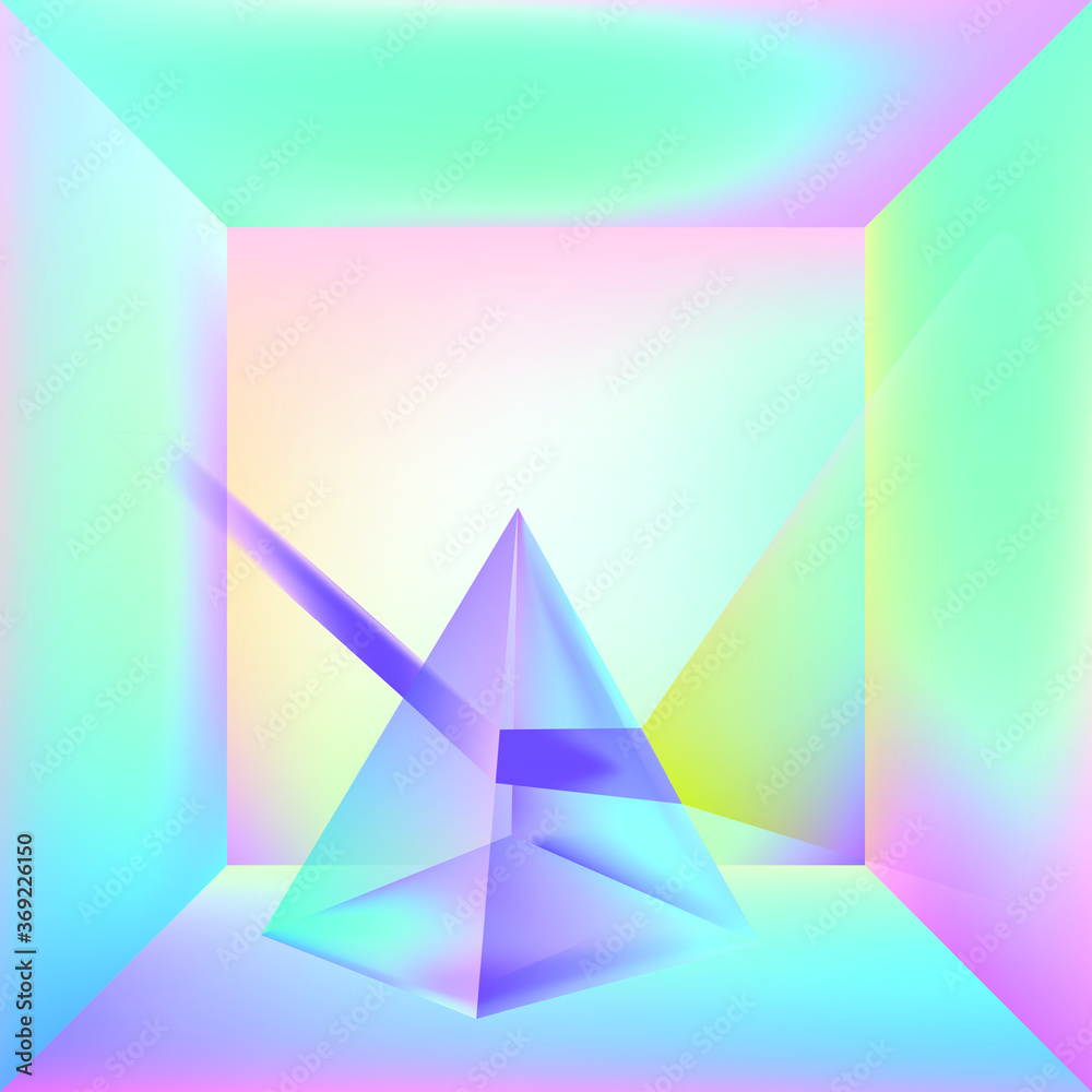 Poster empty room with floating translucent prism at the centre. surreal illustration in vibrant holographi