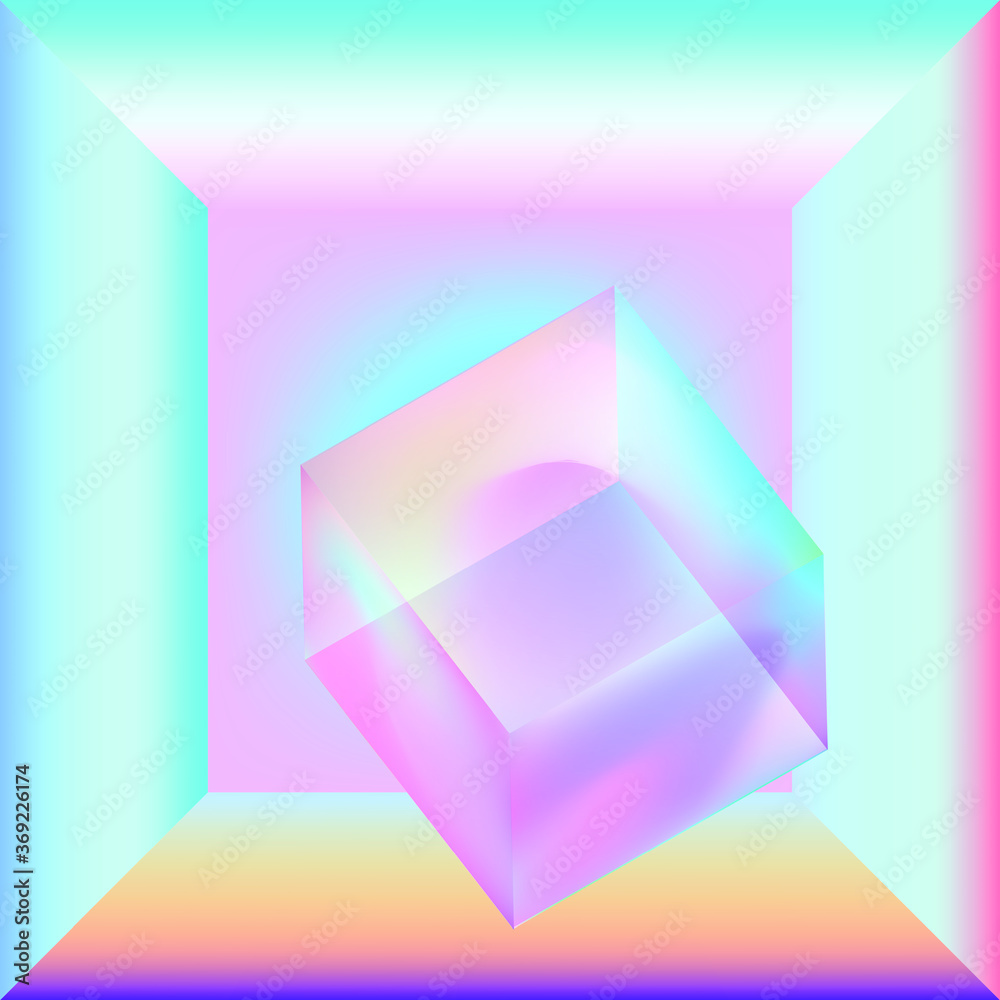 Poster Empty room with floating translucent cube at the centre. Surreal illustration in vibrant holographic color tones.