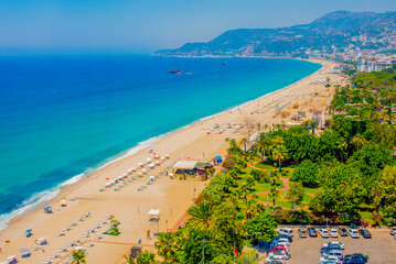 
panorama of cleopatra beach in Alanya with blue sea and clean sand
 - obrazy, fototapety, plakaty