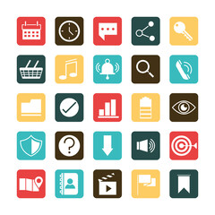 mobile application calendar clock sms video volume target telephone, web button menu digital flat style icons set