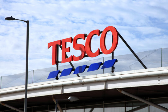 Swansea, Wales, UK, February 24, 2017 : The logo advertising sign at the Tesco supermarket store in Swansea Bay stock photo